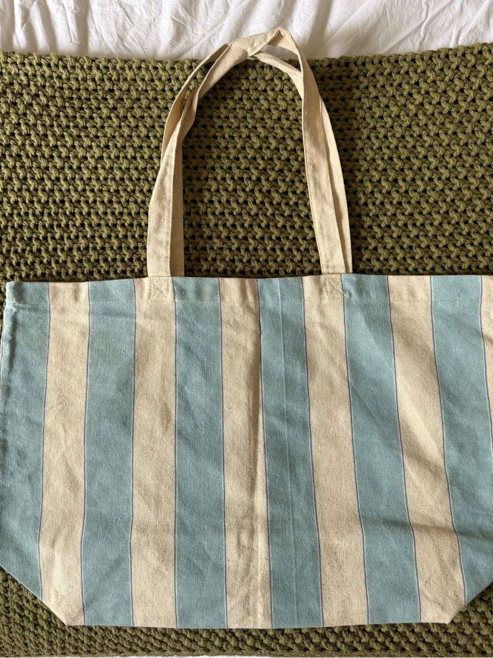 Sezane Light Blue and Cream Striped Bonjour San Francisco Canvas Tote
